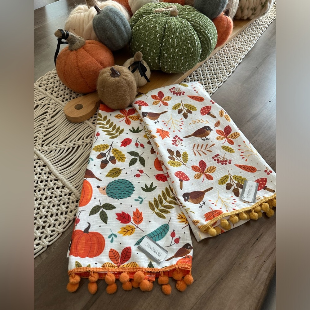 NWT Fall Autumn Pumpkin Pom Pom Dish Towels Set of 2 Birds Pumpkin Porcupine